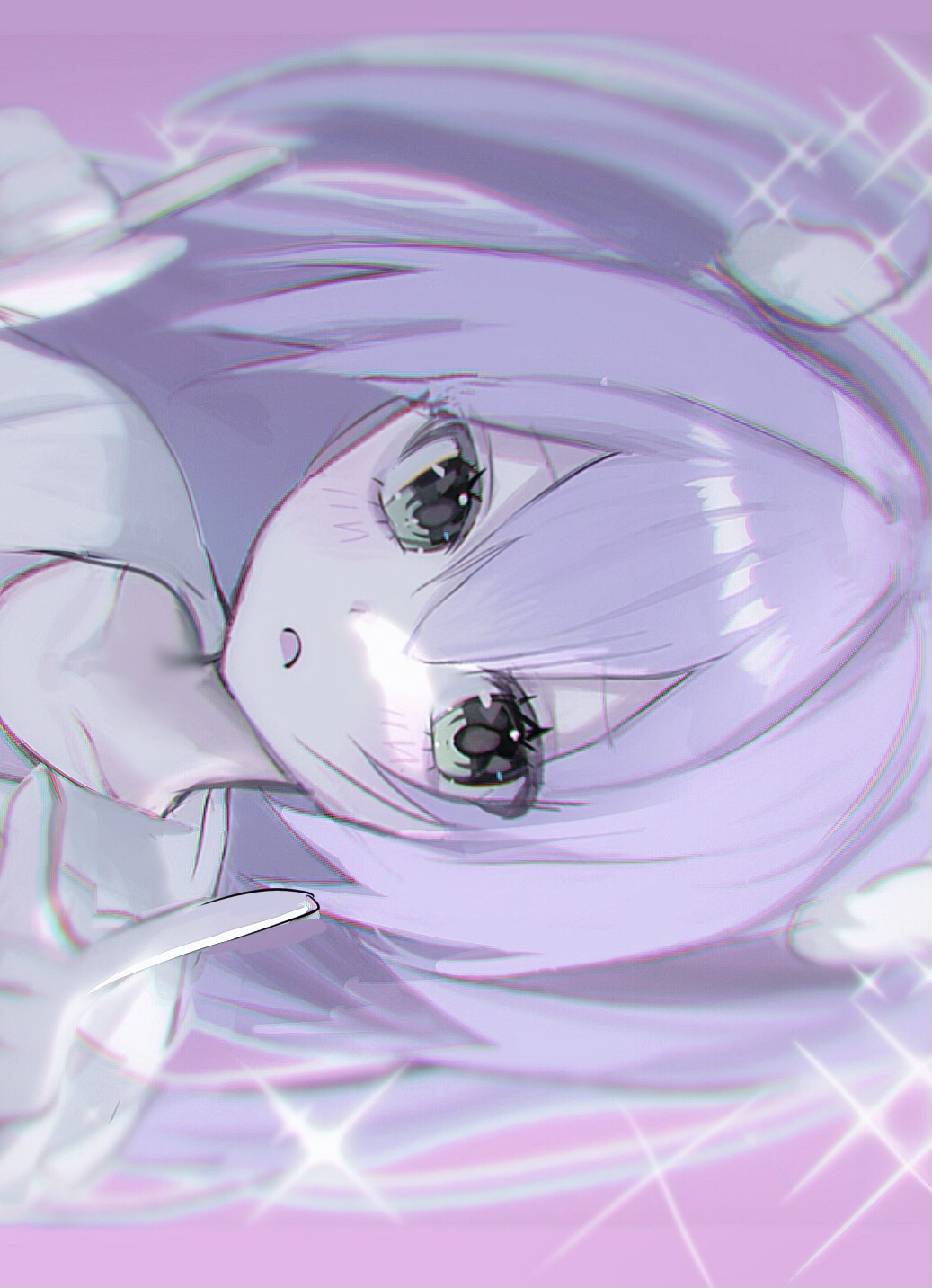 1girl blurry blurry_background blush chromatic_aberration collarbone green_eyes hair_between_eyes hair_ribbon highres hiiragi_xoxo index_fingers_raised lab_coat light_frown long_hair looking_at_viewer nemuri-chan okusuri_nonde_neyou_(vocaloid) open_mouth pink_background purple_hair ribbon sideways solo sparkle staring twintails upper_body vocaloid white_ribbon