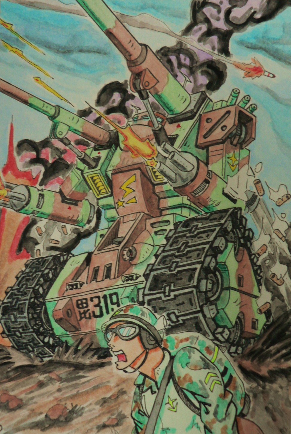 artist_request camouflage firing gundam guntank headset helmet highres mecha military military_vehicle missile mobile_suit_gundam motor_vehicle robot smoke soldier tank