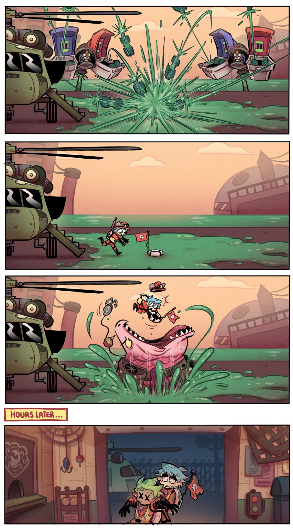 2boys 4koma aircraft androgynous black_footwear black_gloves blue_hair boots bruise bruise_on_face colored_sclera comic dark-skinned_male dark_skin ear_piercing earrings firing flyfish_(splatoon) frying_pan gloves green_hair headlamp helicopter helmet high-visibility_clothing high-visibility_vest highres imminent_vore injury inkling inkling_boy inkling_player_character jewelry jumpsuit lifebuoy maws_(splatoon) missile multiple_boys multiple_earrings nintendo octoling octoling_boy octoling_player_character orange_headwear orange_jumpsuit pale_skin piercing pointy_ears red_hair rubber_boots rubber_gloves running salmon_run_(splatoon) salmonid smallfry_(splatoon) splatoon_(series) splatoon_3 stinger_(splatoon) swim_ring tentacle_hair torn_clothes torn_flag unconscious worried x_x yellow_sclera z-t00n
