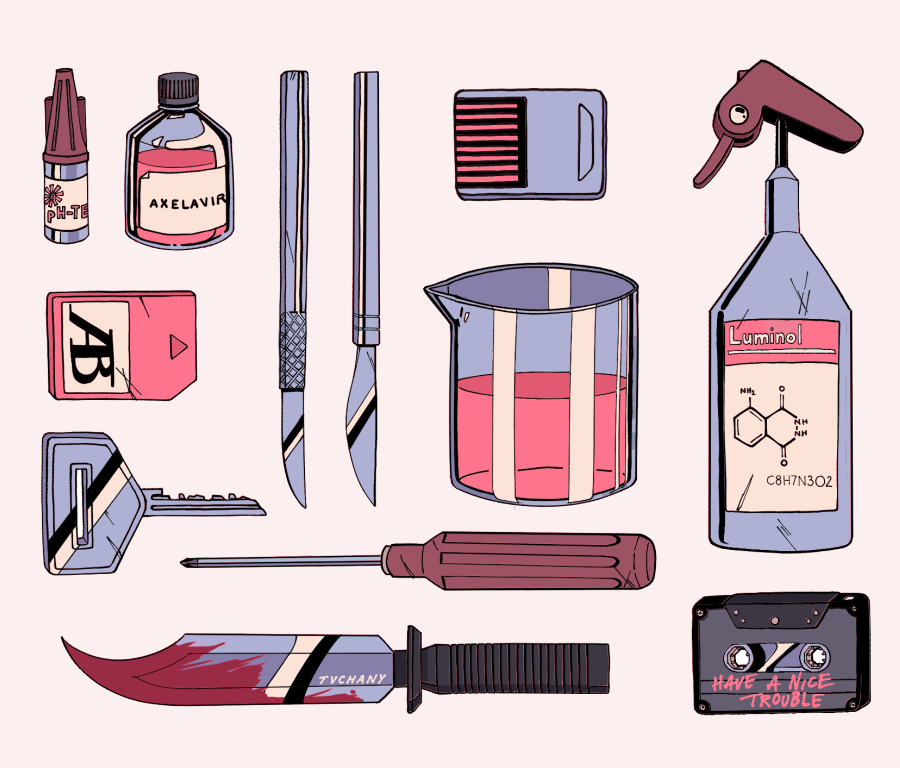 beaker blood bloody_knife bloody_weapon bottle cassette_tape commentary english_commentary eye_drops glass_bottle key knife kyokugen_dasshutsu limited_palette myon_(tokipi) no_humans object_focus pink_liquid scalpel screwdriver simple_background spray_bottle weapon white_background