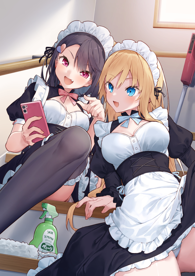 2girls :d apron black_dress black_hair black_thighhighs blonde_hair blue_bow blue_eyes bottle bow breasts broken_heart broken_heart_hair_ornament cellphone cleaning_rag cleavage cloth commentary_request day dress fang frilled_apron frills hair_between_eyes heart holding holding_phone indoors itou_chieri juliet_sleeves long_hair long_sleeves maid maid_headdress medium_breasts multiple_girls munakata_hinano open_mouth original panties phone pointing puffy_short_sleeves puffy_sleeves purple_eyes short_sleeves sitting sitting_on_stairs smile spray_bottle stairs sunlight thighhighs tokuno_yuika underwear v-shaped_eyebrows very_long_hair white_apron white_panties window