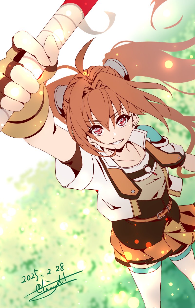 1girl ahoge antenna_hair brown_hair cropped_jacket dated eiyuu_densetsu estelle_bright fingerless_gloves floating_hair gloves grin hair_between_eyes highres holding holding_staff holding_weapon long_hair red_eyes short_sleeves signature skirt smile solo sora_no_kiseki staff tinybiard twintails twitter_username weapon