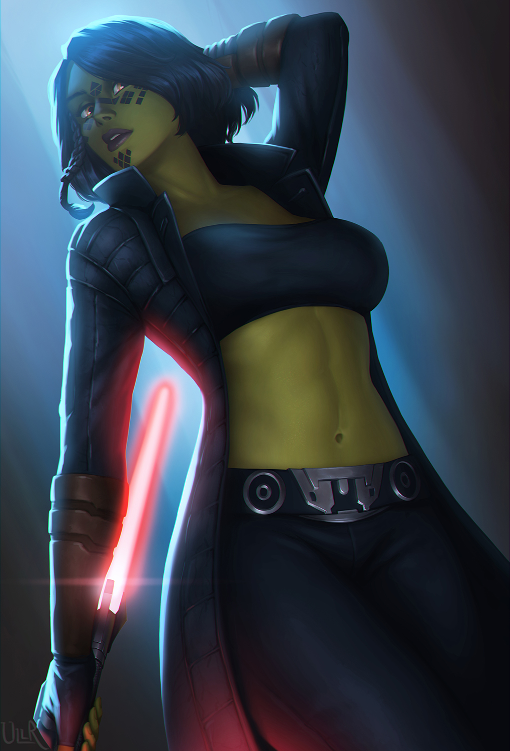 1girl abs alien artist_name belt black_coat black_gloves black_hair black_pants black_tube_top coat colored_skin energy_sword facial_mark fingerless_gloves gloves green_skin highres holding holding_sword holding_weapon lightsaber medium_hair midriff mirialan navel open_clothes open_coat pants red_lightsaber reverse_grip solo star_wars star_wars:_the_old_republic strapless sword tube_top ullr watermark weapon yellow_eyes