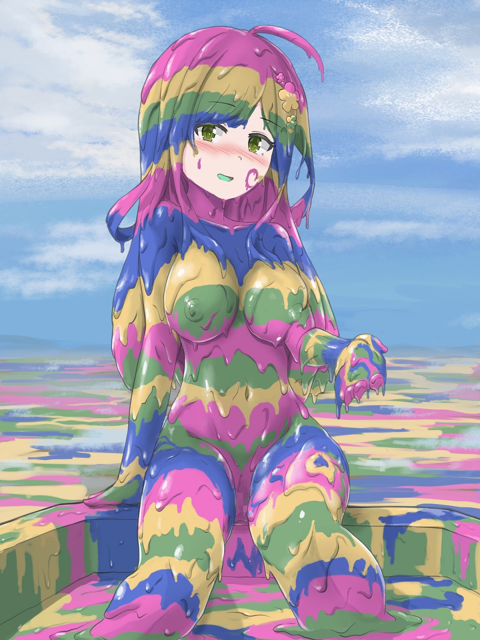 1girl ahoge alolan_form alolan_muk blush breasts censored completely_nude eyebrows eyelashes gen_7_pokemon green_eyes hair_ornament haruma_(messy_illust) heart highres long_hair looking_at_viewer medium_breasts monster_girl navel nintendo nipples nude open_mouth outdoors personification pokemon sitting slime_girl solo