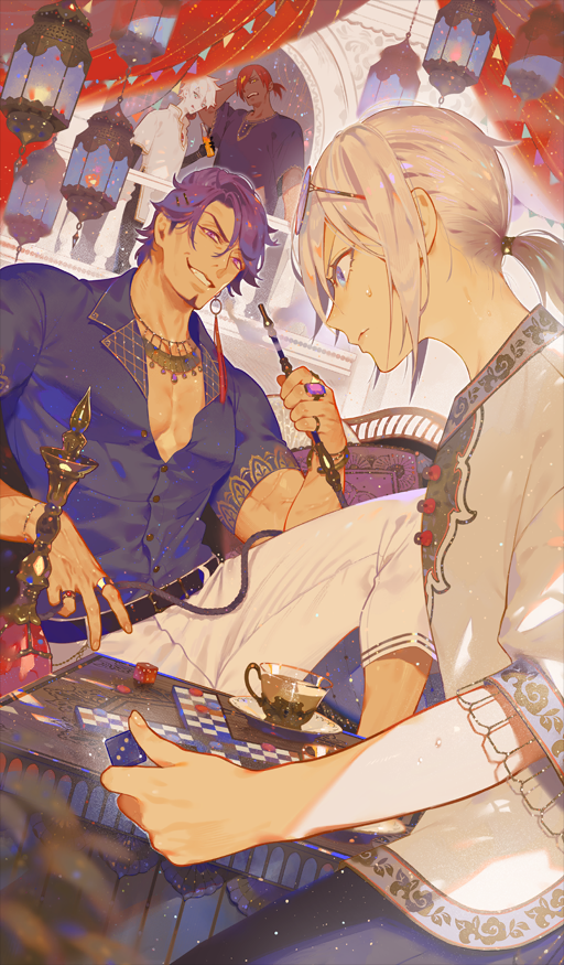 4boys aqua_eyes ashwatthama_(fate) blue_eyes board_game bottle buttons chaldea_boys_collection charlemagne_no_montjoie_kishidou! closed_mouth clothing_request commentary_request cup dark-skinned_male dark_skin dice duryodhana_(fate) dutch_angle earrings eyewear_on_head facial_hair fate/grand_order fate_(series) goatee hair_tie holding holding_bottle holding_dice holding_smoking_pipe hookah indian_clothes jewelry karna_(fate) knee_up lapels low_ponytail male_focus medium_hair multiple_boys notched_lapels official_alternate_costume official_art open_mouth partially_unbuttoned pectoral_cleavage pectorals ponytail prince_of_lan_ling_(fate) purple_facial_hair purple_hair purple_shirt red_hair round_eyewear saucer semi_(p-poco) shirt short_hair short_ponytail short_sleeves sidelocks single_earring sitting small_sweatdrop smirk smoke smoke_trail smoking_pipe standing teacup third-party_source toned toned_male white_hair white_shirt wide_sleeves