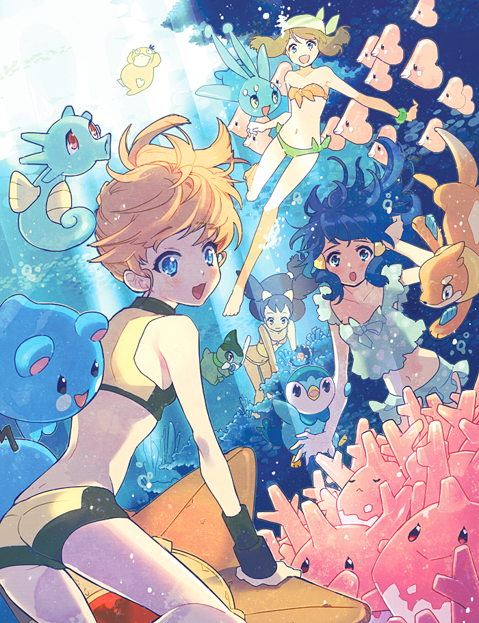 4girls adapted_costume alternate_costume axew azurill bad_id bad_pixiv_id bandana bare_shoulders barefoot bikini blue_eyes blue_hair brown_hair buizel clamperl corsola dark-skinned_female dark_skin dawn_(pokemon) freediving frills gen_1_pokemon gen_2_pokemon gen_3_pokemon gen_4_pokemon gen_5_pokemon hair_ornament hairclip horsea iris_(pokemon) kissai legendary_pokemon luvdisc manaphy marill may_(pokemon) may_(pokemon_emerald) midriff misty_(pokemon) multiple_girls mythical_pokemon navel nintendo ocean orange_hair piplup pokemon pokemon_(creature) psyduck purple_hair side_ponytail staryu swimming swimsuit underwater yulihua
