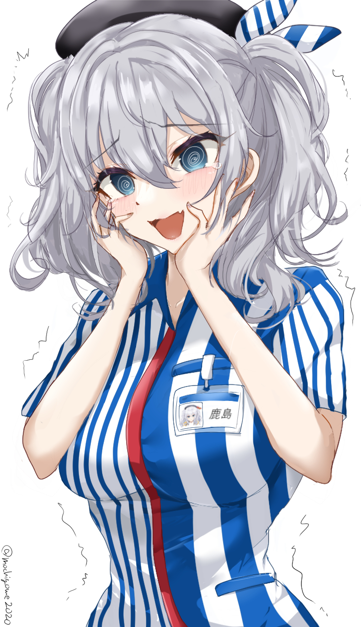 1girl @_@ beret blue_eyes blush breasts chamumi_(mochiumee) employee_uniform grey_hair hat highres kantai_collection kashima_(kancolle) kashima_(lawson)_(kancolle) large_breasts lawson long_hair looking_at_viewer name_tag open_mouth shirt short_sleeves striped_clothes striped_shirt twintails upper_body vertical-striped_clothes vertical-striped_shirt wavy_hair white_background