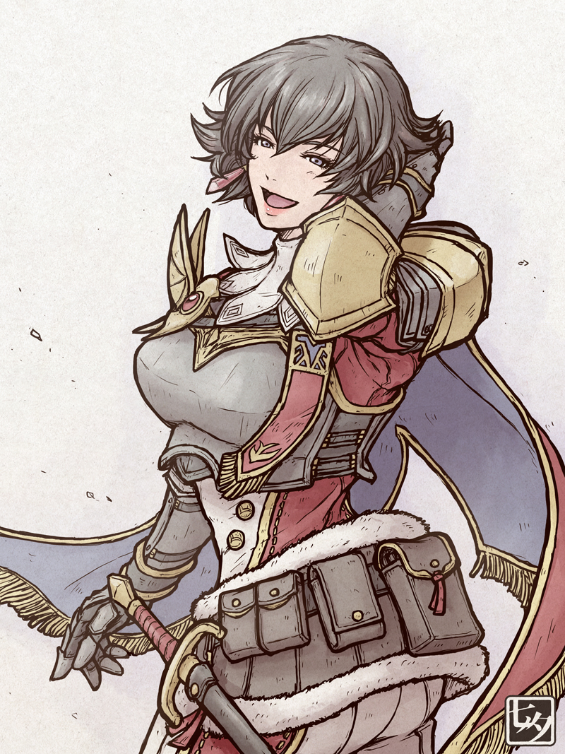 1girl :d armor belt belt_pouch black_belt black_gloves black_hair blue_cape blue_eyes boobplate breastplate buttons cape couter crystal_earrings earrings eyelashes fiorayne_(monster_hunter) fur_trim gauntlets gloves hair_between_eyes hand_up jewelry monster_hunter_(series) monster_hunter_rise open_mouth pink_lips pouch red_cape scabbard sheath short_hair shoulder_armor smile solo standing sword tanabanata two-sided_cape two-sided_fabric two-tone_cape weapon