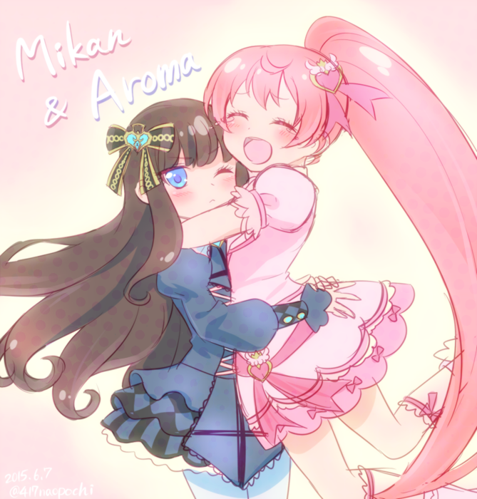 0417nao blue_eyes bow brown_hair character_name closed_eyes cowboy_shot frills hair_bow hair_ornament heart heart_hair_ornament high_ponytail hug idol_clothes kurosu_aroma long_hair looking_at_viewer one_eye_closed ponytail pretty_series pripara red_hair shiratama_mikan sidelocks very_long_hair yuri