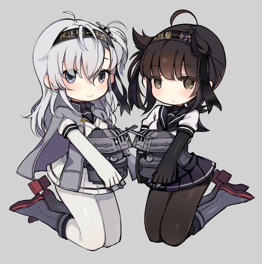 2girls @_@ anchor_symbol black_bodysuit black_hair black_headband black_sailor_collar black_skirt bodysuit brown_eyes chou-10cm-hou-chan chou-10cm-hou-chan_(hatsuzuki&#039;s) chou-10cm-hou-chan_(suzutsuki&#039;s) clothes_writing commentary_request full_body grey_background grey_jacket hachimaki hair_between_eyes hair_flaps hairband hatsuzuki_(kancolle) headband jacket kantai_collection long_hair miniskirt multiple_girls neckerchief one_side_up oniku_(oishii_oniku) pleated_skirt sailor_collar school_uniform serafuku short_hair silver_hair simple_background skirt suzutsuki_(kancolle) white_bodysuit white_neckerchief white_skirt