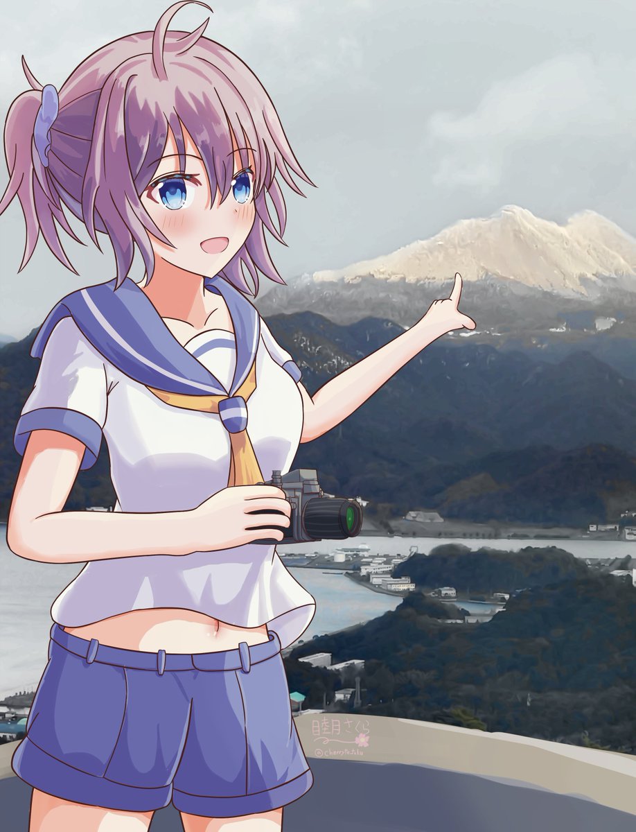 1girl antenna_hair aoba_(kancolle) blue_eyes blue_sky cloud day highres kantai_collection mount_aoba mountain mutsuki_sakura name_connection neckerchief object_namesake outdoors photo_background pointing purple_hair purple_sailor_collar purple_shorts sailor_collar sailor_shirt scenery shirt short_hair shorts sky solo standing white_shirt yellow_neckerchief