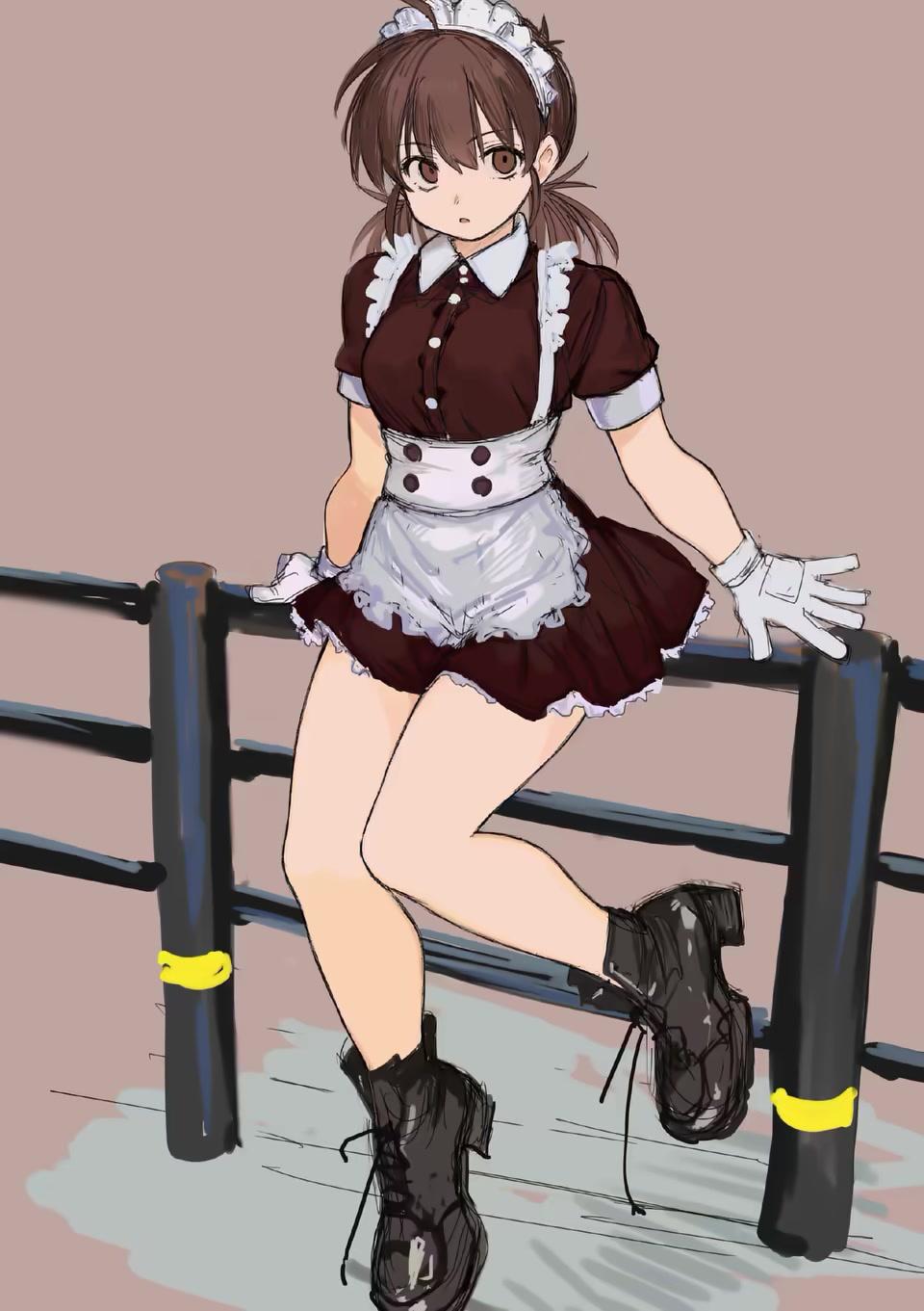 1girl alternate_costume apron black_shoes closed_mouth dress enmaided expressionless frilled_dress frilled_hairband frills full_body gloves hairband highres ichigaya_sumire legs maid on_railing rai_rai_rai railing shoes short_sleeves solo thighs white_apron