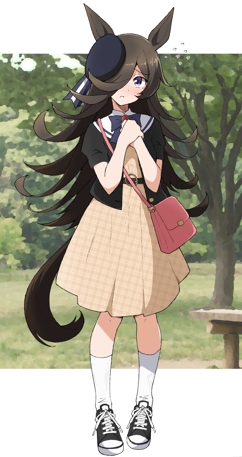 1girl alternate_costume animal_ears bag bench black_jacket black_shoes blue_bow blue_bowtie blue_hat blush bow bowtie casual dress flying_sweatdrops full_body hair_over_one_eye handbag hands_up hat highres horse_ears horse_girl horse_tail jacket looking_at_viewer nel-c own_hands_together purple_eyes raised_eyebrows rice_shower_(umamusume) shoes shoulder_blades sneakers socks solo standing tail tree umamusume white_socks yellow_dress