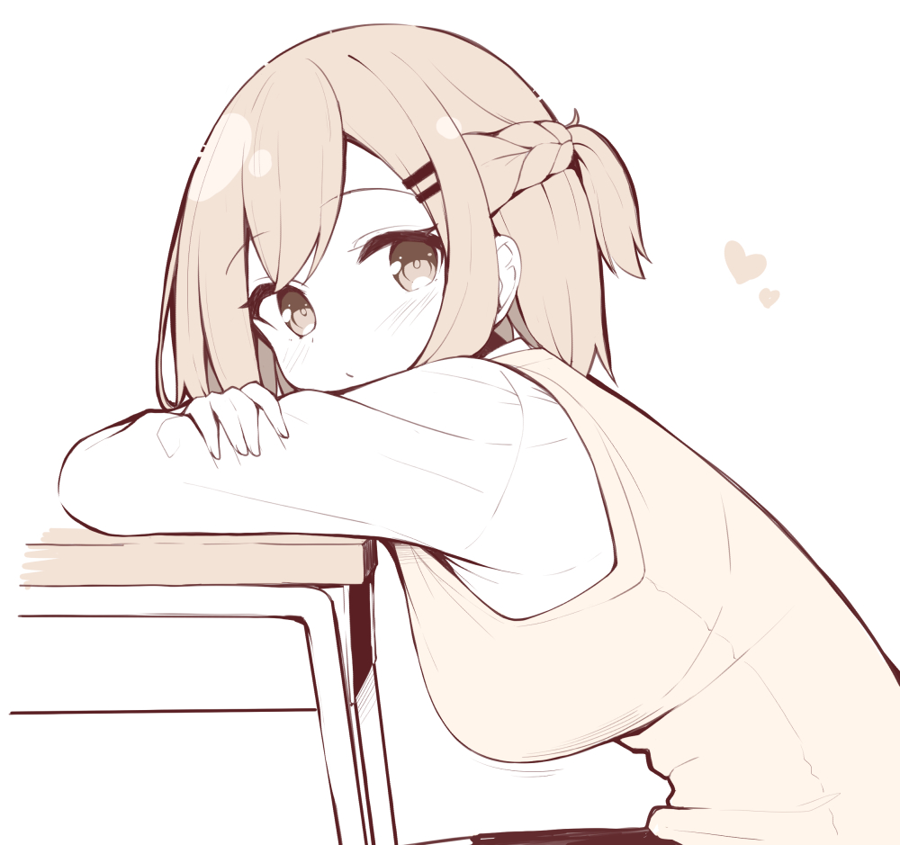 1girl blush braid breasts brown_theme childhood_friend_(ominaeshi) closed_mouth commentary_request desk from_side hair_ornament hairclip half_updo looking_at_viewer looking_to_the_side medium_breasts monochrome ominaeshi_(takenoko) original school_desk school_uniform shirt simple_background solo sweater_vest upper_body white_background