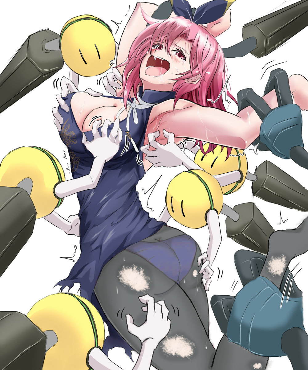 1girl armpits azur_lane barefoot black_prince_(azur_lane) black_prince_(fair_maid_spring)_(azur_lane) black_ribbon breasts feet fingering grabbing_another&#039;s_breast groping highres large_breasts laughing leggings machinery panties panties_under_pantyhose pantyhose pink_hair purple_panties red_eyes restrained ribbon saliva solo sweatdrop third-party_edit tickling tickling_armpits tickling_ass tickling_breasts tickling_legs tickling_stomach torn_clothes underwear