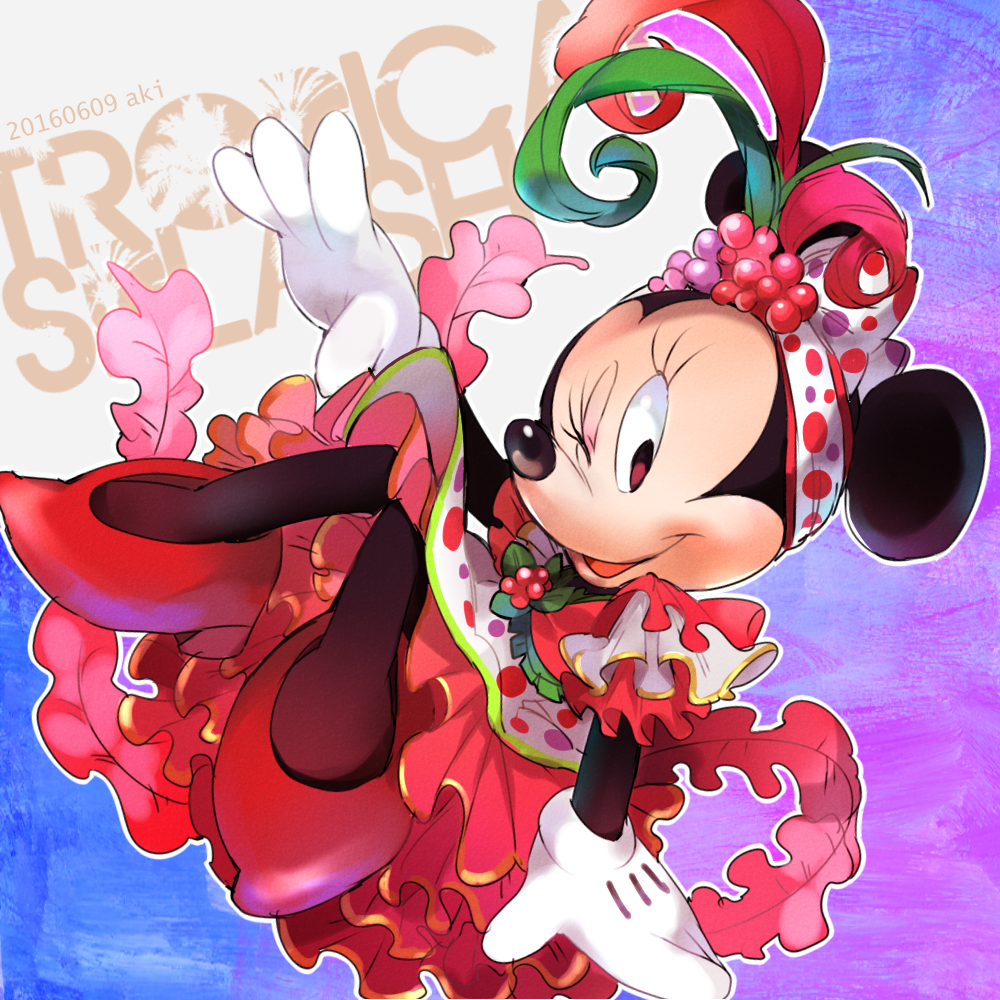 1girl alternate_costume animal_ears bow disney disneyland dress english_text feather_hair_ornament feathers gloves hair_bow hair_ornament looking_at_viewer mickey_mouse_&amp;_friends minnie_mouse moov_(mb_52) mouse_ears one_eye_closed open_mouth solo white_gloves