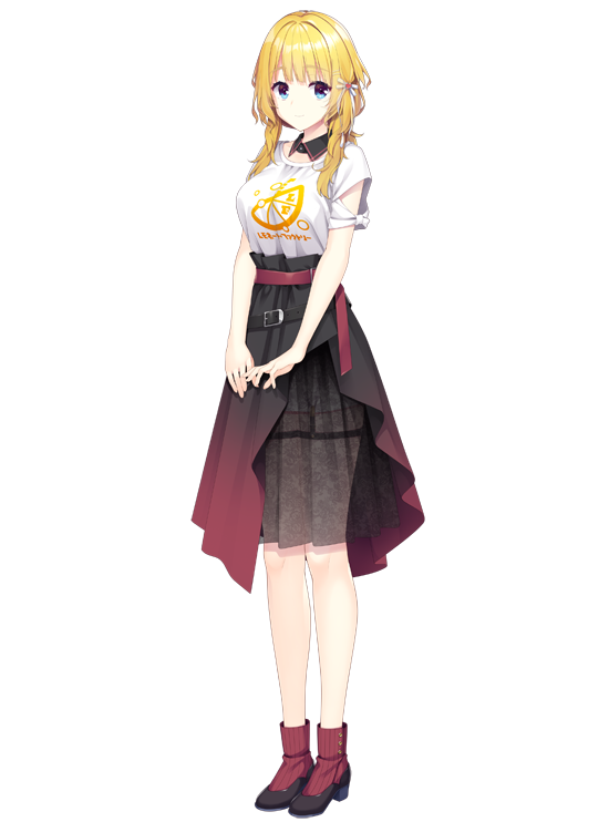 1girl belt black_shoes black_skirt blonde_hair blue_eyes breasts closed_mouth detached_collar full_body gradient_clothes gradient_skirt high_heels hokkana limelight_lemonade_jam long_hair looking_at_viewer loose_belt official_art red_skirt see-through_clothes see-through_skirt shimakoshi_tsukimi shirt shoes short_sleeves skirt smile solo tachi-e transparent_background white_shirt yuzu-soft