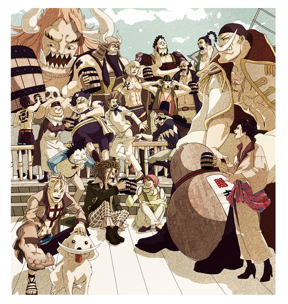 6+boys atmos_(one_piece) blamenco blenheim cup curiel_(one_piece) dog drinking edward_newgate everyone facial_hair flower_sword_vista fossa_(one_piece) giant haruta_(one_piece) horns image_sample izou_(one_piece) jacket jacket_on_shoulders jolly_roger jozu_(one_piece) kingdew male_focus marco_(one_piece) monster_boy mug multiple_boys mustache namur_(one_piece) oars_jr one_piece outdoors pirate pixiv_sample pon_(puppupon) portgas_d._ace rakuyou_(one_piece) resized ship speed_jiru stefan_(one_piece) tattoo thatch_(one_piece) thigh_strap watercraft