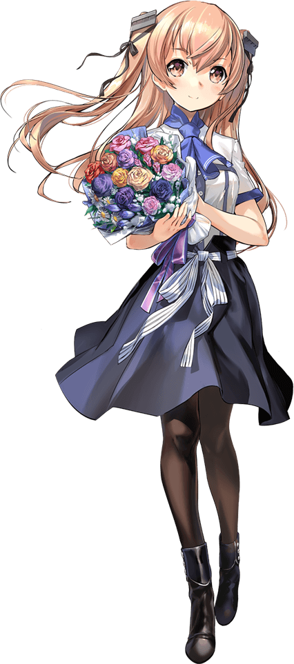 1girl black_skirt breasts brown_eyes female_focus flower full_body hair_ribbon johnston_(anniversary)_(kancolle) johnston_(kancolle) kantai_collection light_brown_hair long_hair long_skirt medium_breasts neckerchief official_art pantyhose ribbon shirt skirt solo transparent_background two_side_up white_ribbon white_shirt zeco