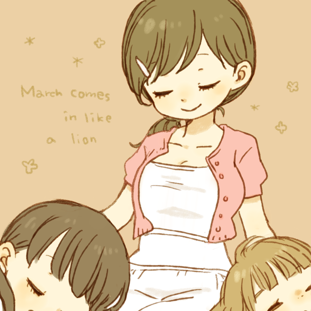 3girls arms_at_sides beige_background blunt_bangs breasts brown_hair buttons cardigan closed_eyes collarbone copyright_name dot_nose dress eyelashes floral_background flower hair_ornament hairclip hand_on_another&#039;s_head happy kawamoto_akari kawamoto_hinata kawamoto_momo light_brown_hair light_smile medium_breasts multiple_girls open_cardigan open_clothes pink_cardigan sangatsu_no_lion siblings side_ponytail simple_background sisters sitting sleeping smile sparkle sparkle_background sweater upper_body white_dress yukke