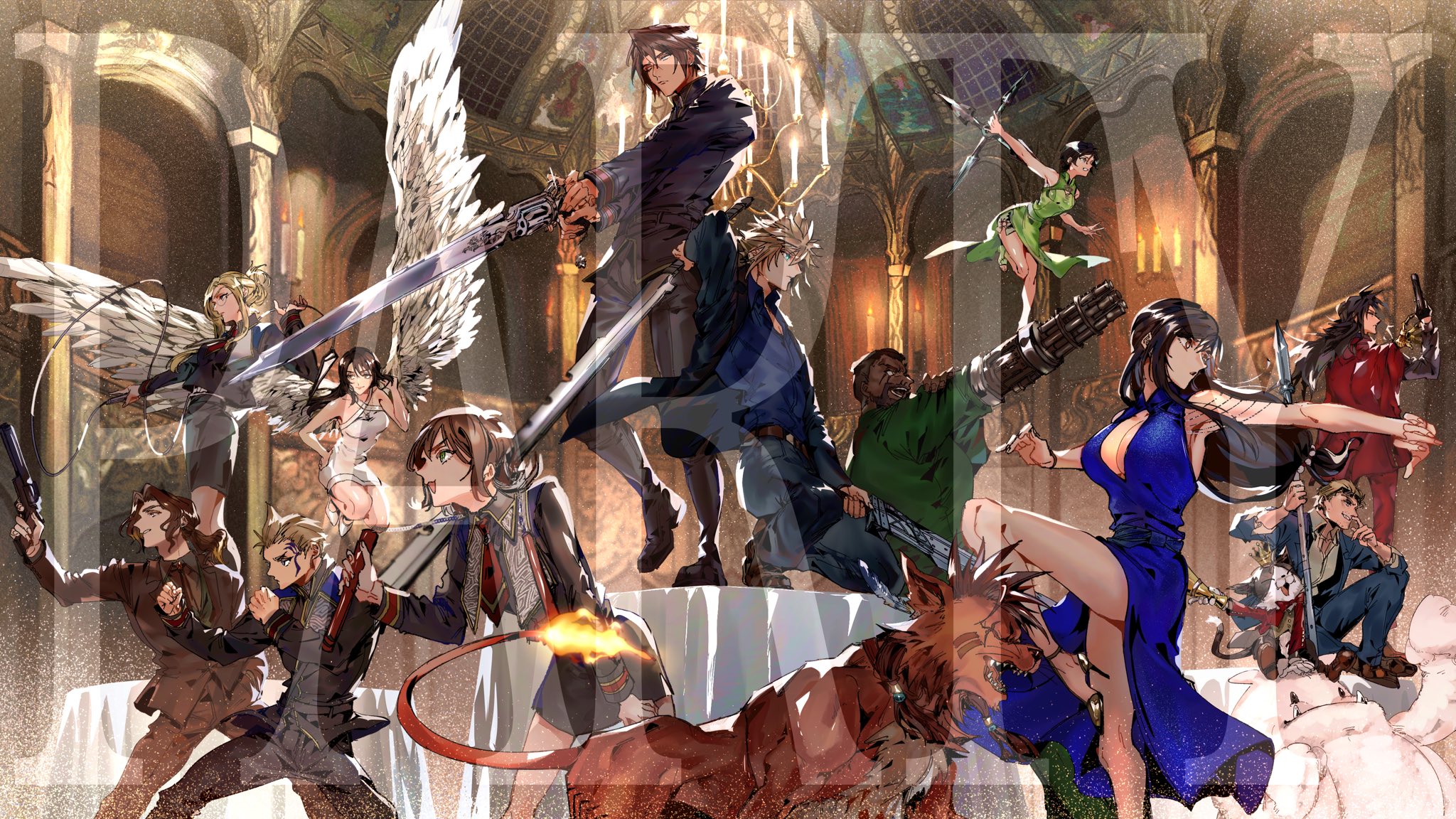 5girls 6+boys alternate_costume angel_wings arm_cannon barret_wallace breasts cait_sith_(final_fantasy) cid_highwind cleavage cloud_strife dark-skinned_male dark_skin dress fighting_stance final_fantasy final_fantasy_vii final_fantasy_viii formal_clothes gatling_gun gun gunblade handgun highres in-franchise_crossover irvine_kinneas large_breasts moogle multiple_boys multiple_girls nunchaku official_alternate_costume polearm quistis_trepe red_xiii rinoa_heartilly seed_uniform_(ff8) selphie_tilmitt shio_ga shuriken spear squall_leonhart suit sword tifa_lockhart vincent_valentine weapon whip wings yuffie_kisaragi zell_dincht