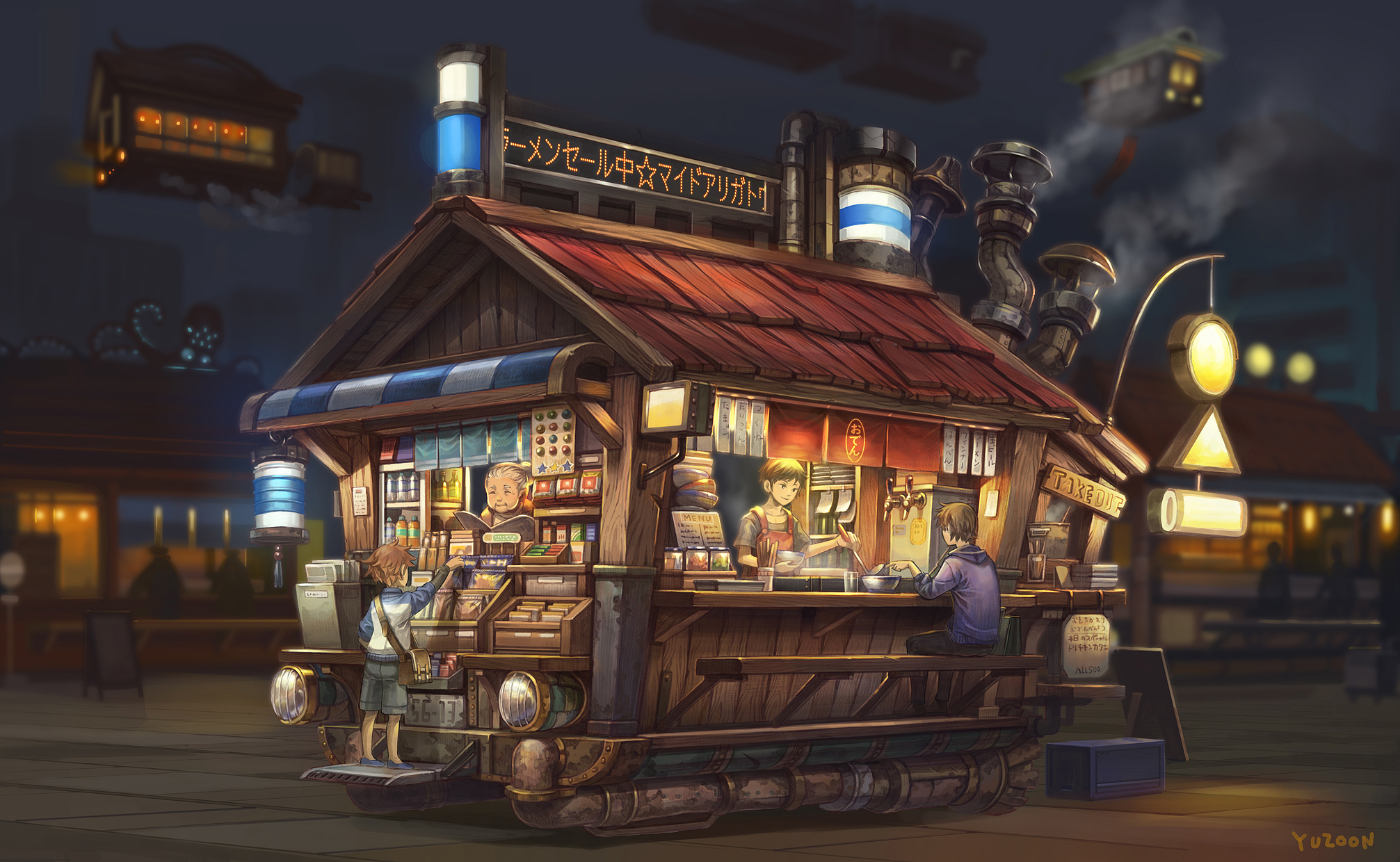 1girl 3boys apron artist_name bag bench blue_footwear bottle bowl brown_hair ceiling_light chimney commentary flying flying_vehicle food food_truck grey_shirt grey_shorts hair_bun highres holding holding_bowl holding_ladle holding_newspaper hood hoodie jar ladle lantern license_plate market_stall medium_hair menu mikan_yuzuko multiple_boys newspaper night night_sky noodles on_bench original outdoors paper_lantern purple_hoodie ramen reading red_apron satchel scenery shirt short_hair shorts sign single_hair_bun sky standing steampunk string_of_flags vending_cart white_hair