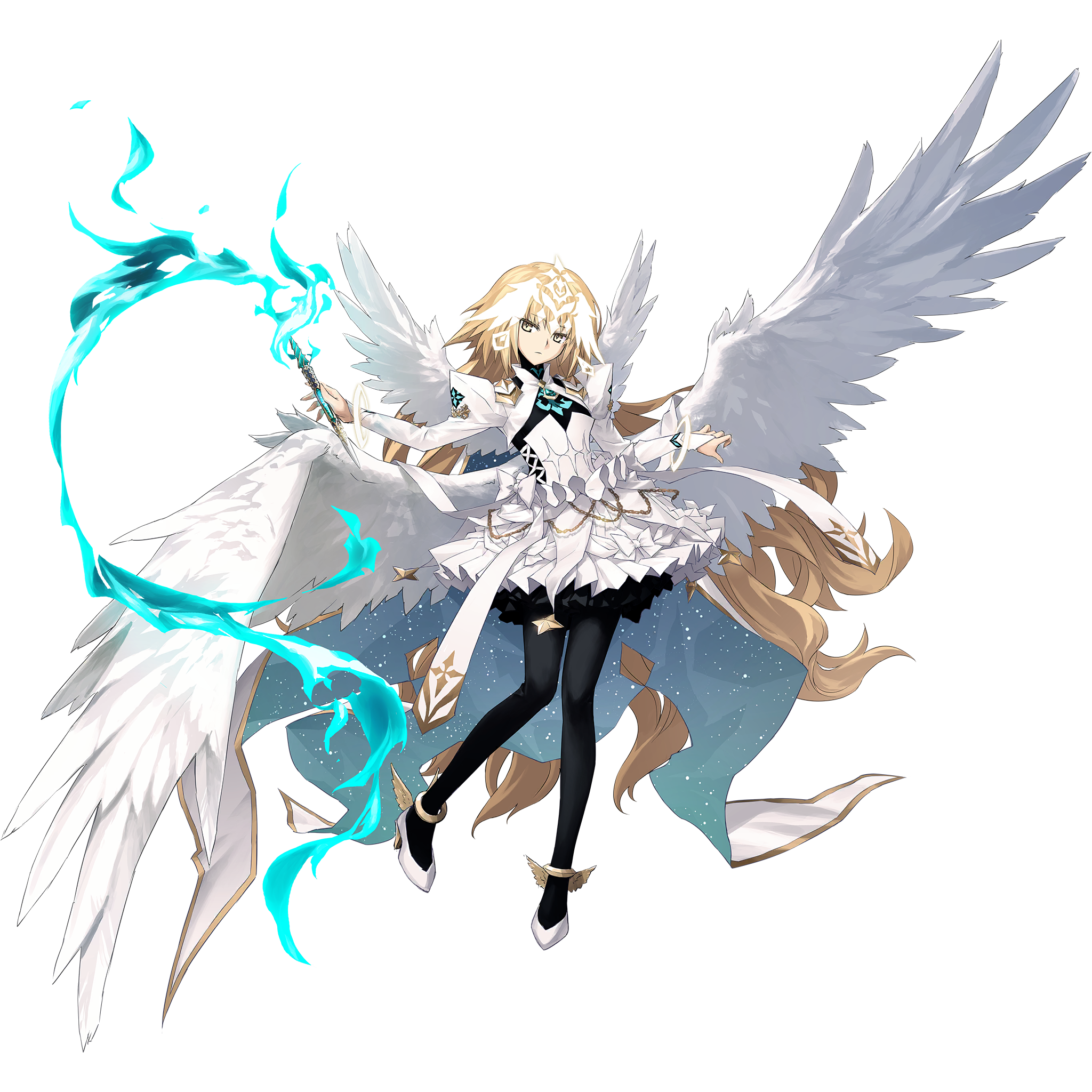 angel_wings black_pantyhose blonde_hair bracelet breasts bridal_gauntlets dress fate/grand_order fate_(series) feathered_wings frills full_body game_cg headpiece highres holding jeanne_d'arc_(fate) jewelry juliet_sleeves konoe_ototsugu long_hair long_sleeves looking_at_viewer metatron_jeanne_(fate) multiple_wings official_art pantyhose puffy_sleeves ribbon shoes small_breasts standing standing_on_one_leg tachi-e third-party_source transparent_background very_long_hair white_dress white_shoes white_wings winged_shoes wings yellow_eyes