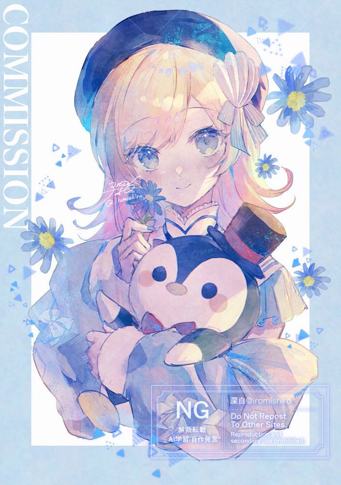 1girl aiceclass blue_border blue_flower blue_hat blue_nails blue_shirt blush border closed_mouth commentary commission cropped_torso flower grey_eyes hanon_(aiceclass) hat holding holding_flower long_sleeves looking_at_viewer mishiro_(iromishiro) outside_border shirt skeb_commission smile solo stuffed_animal stuffed_penguin stuffed_toy symbol-only_commentary upper_body watermark