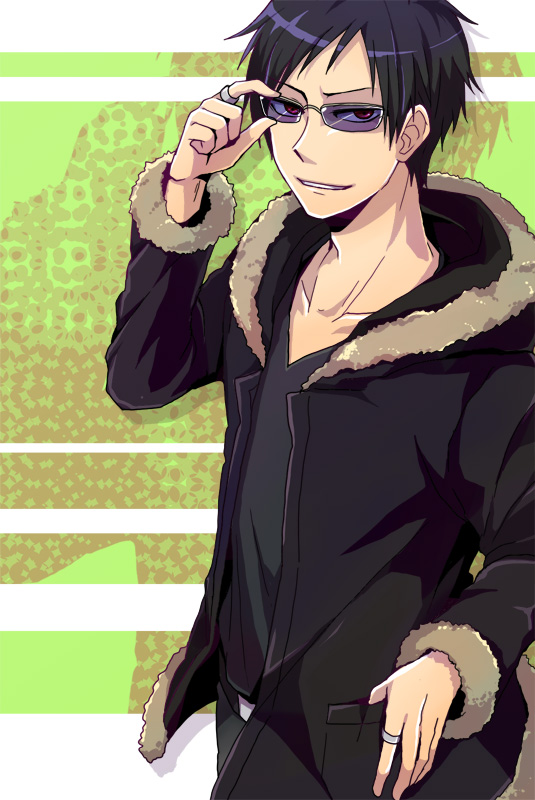 1boy black_hair black_jacket black_shirt collarbone durarara!! hood hood_down jacket jewelry long_sleeves looking_at_viewer male_focus momiage orihara_izaya parted_lips red_eyes ring shirt short_hair solo sunglasses thumb_in_pocket v-neck