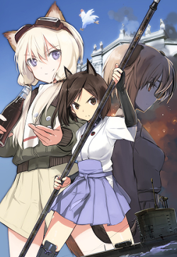 &gt;:( 3girls animal_ears bird blonde_hair bottle brown_hair carla_j._luksic cat_ears chicken frown goggles goggles_on_head hakama hakama_short_skirt hakama_skirt japanese_clothes jennifer_j_deblanc kuroda_kunika low_twintails lowres military military_uniform multiple_girls noble_witches purple_eyes scarf shimada_fumikane short_hair skirt smile soda_bottle strike_witches submarine twintails v-shaped_eyebrows watercraft white_scarf world_witches_series