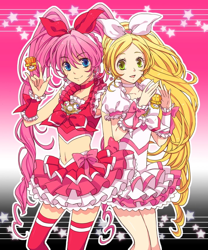 10s 2girls black_background blonde_hair blue_eyes bow braid choker cure_melody cure_rhythm fary frills gradient_background green_eyes hair_ribbon hairband heart houjou_hibiki long_hair m/ magical_girl minamino_kanade miry mofuko mogeo multiple_girls pink_background pink_bow pink_hair pink_legwear precure ribbon skirt smile star_(symbol) suite_precure thighhighs twintails white_background white_choker wrist_cuffs zettai_ryouiki