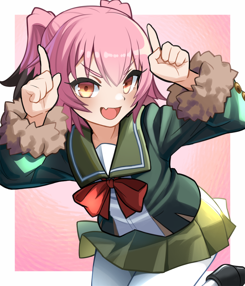 1girl black_hair colored_tips fang fur_trim green_jacket green_sailor_collar green_skirt highres index_fingers_together jacket kantai_collection kunashiri_(kancolle) long_sleeves looking_at_viewer mizoki_kei multicolored_hair open_mouth orange_eyes pantyhose pink_hair pleated_skirt sailor_collar simple_background skin_fang skirt solo white_pantyhose