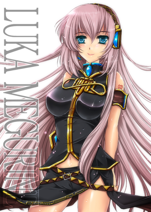 1girl :d armband arms_behind_back bare_arms bare_legs bare_shoulders belt black_skirt blue_eyes blue_gemstone blush breasts brooch character_name female_focus gem hair_between_eyes hair_ornament headphones headset jewelry large_breasts legs long_hair long_skirt looking_at_viewer megurine_luka multiple_belts navel open_mouth pink_hair riria skirt sleeveless sleeveless_turtleneck smile solo standing tattoo turtleneck upskirt very_long_hair vocaloid white_background