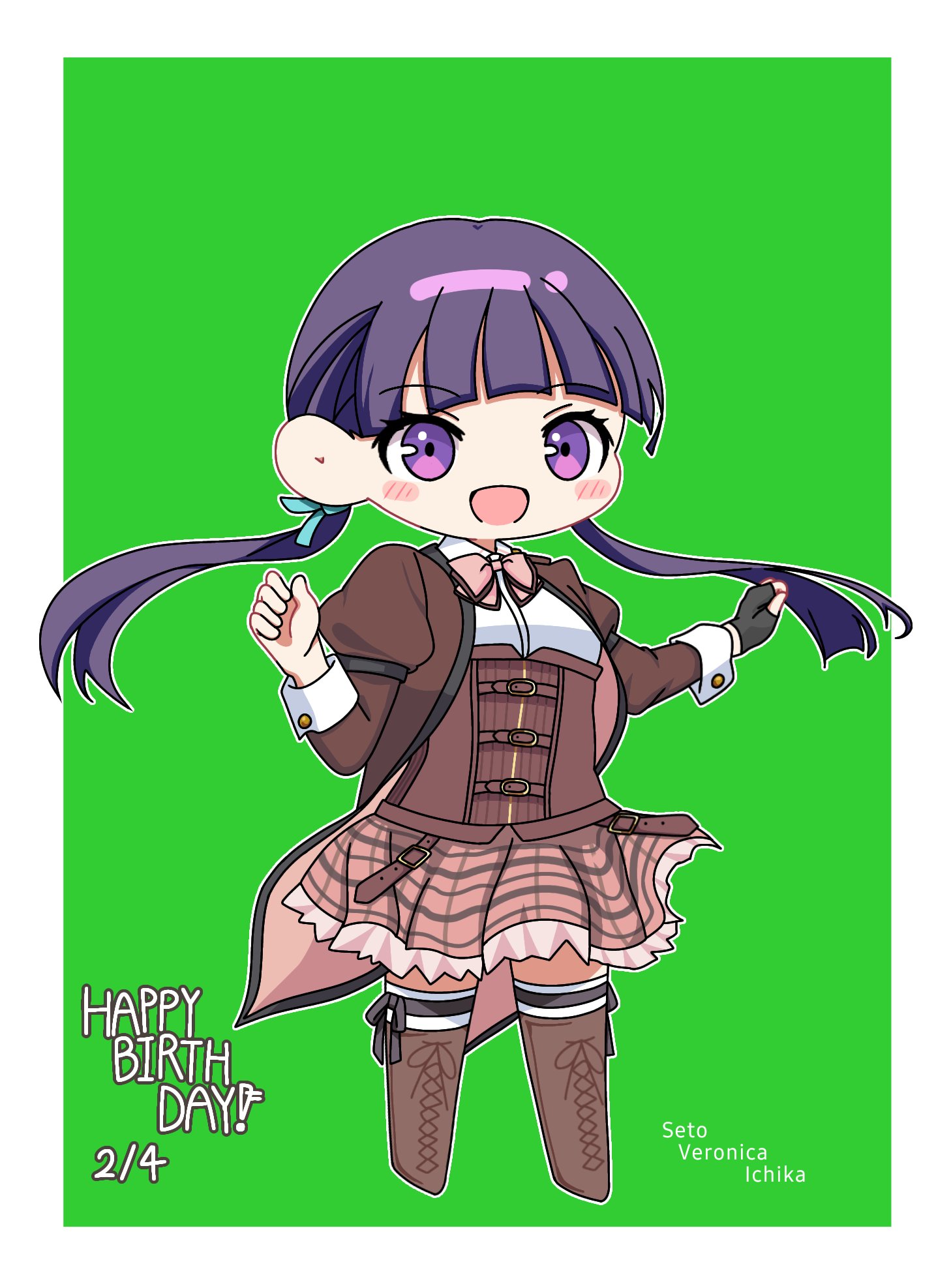 1girl :d assault_lily belt belt_buckle black_gloves black_ribbon blue_ribbon blunt_bangs blush boots border bow bowtie brown_belt brown_boots brown_jacket brown_skirt buckle character_name chibi coattails collared_shirt commentary corset fingerless_gloves frilled_skirt frills full_body gloves green_background hair_ribbon hands_up happy_birthday highres jacket juliet_sleeves lace-up_boots leg_ribbon long_hair long_sleeves looking_at_viewer low_twintails ludvico_private_girls'_academy_school_uniform miniskirt multiple_belts open_clothes open_jacket open_mouth outline outside_border pink_bow pink_bowtie plaid_clothes plaid_skirt puffy_sleeves purple_eyes purple_hair ribbon school_uniform seto_veronica_ichika shirt simple_background single_fingerless_glove single_glove skirt smile standing thigh_boots thigh_ribbon thighhighs twintails underbust white_border white_outline white_shirt white_thighhighs yui_(yui1115_)