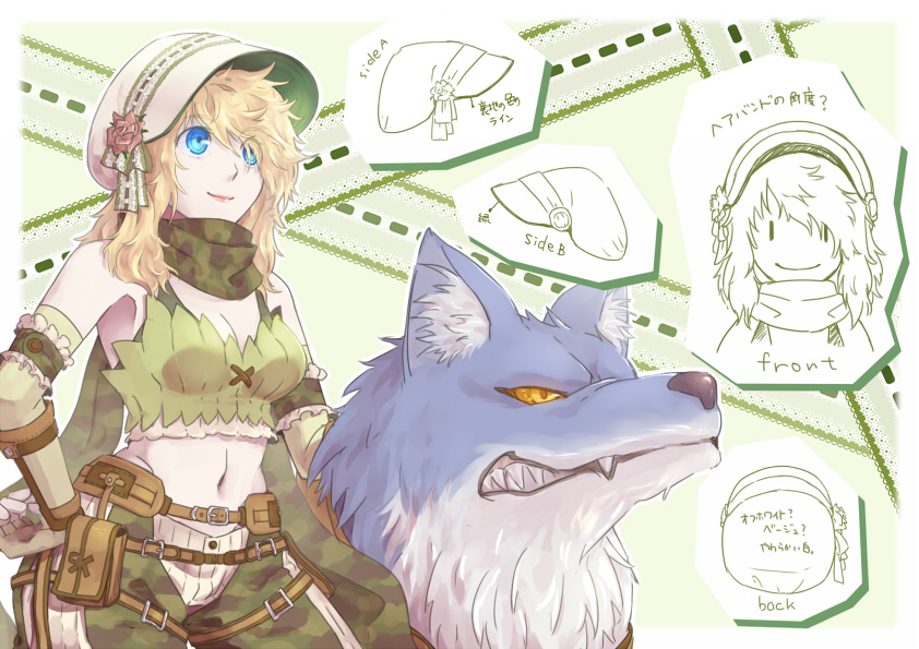 1girl armband belt blonde_hair blue_eyes bonnet border breasts brown_belt camouflage camouflage_pants camouflage_scarf cleavage closed_mouth commentary_request cowboy_shot crop_top elbow_gloves eyes_visible_through_hair fingerless_gloves flower gloves green_background green_gloves green_shirt hair_over_one_eye hand_on_own_hip hat hat_flower looking_to_the_side medium_breasts medium_hair midriff navel pants pink_flower pouch ragnarok_online ranger_(ragnarok_online) shirt solo standing susukinohukurou utility_belt white_border white_hat wolf