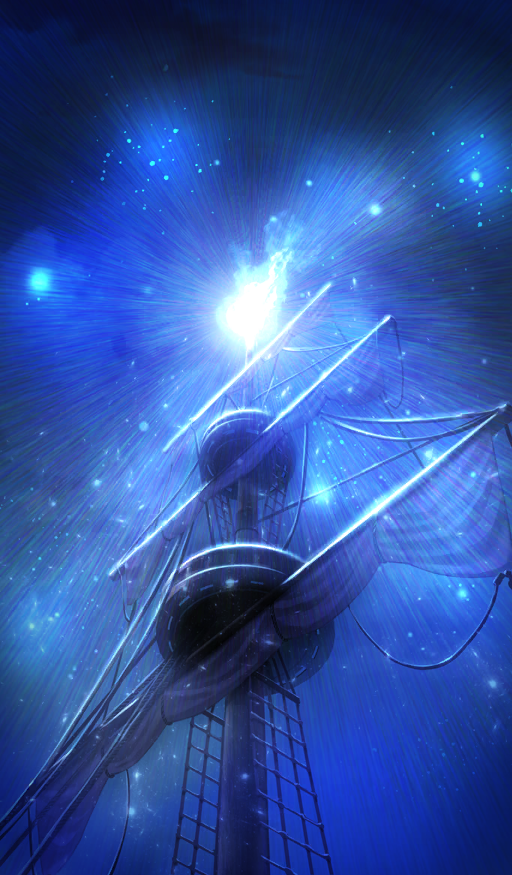 beppu_mitsunaka blue_fire blue_sky blue_theme commentary emphasis_lines fate/grand_order fate_(series) fire mast night no_humans official_art sky still_life third-party_source
