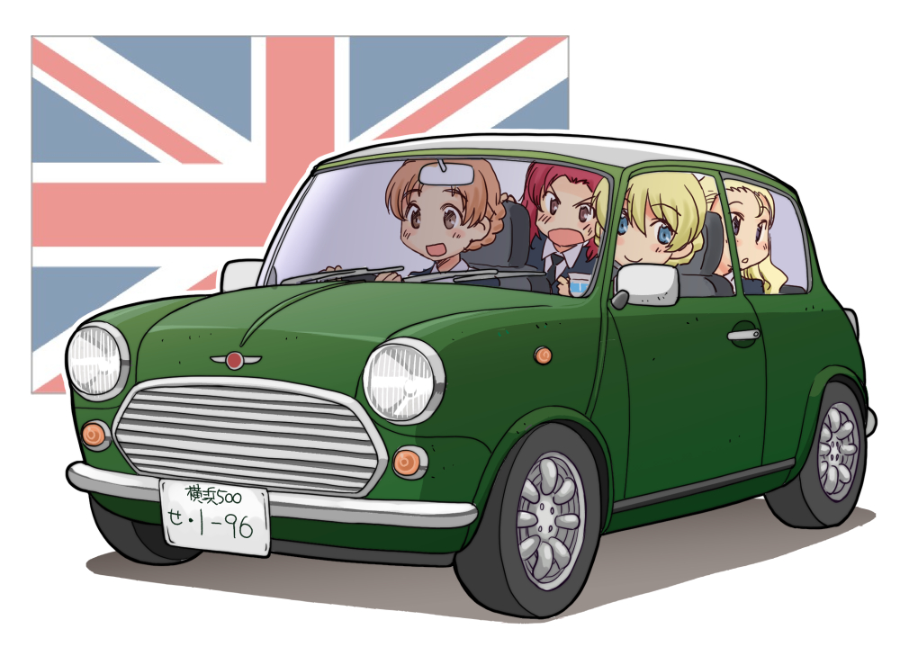 4girls assam_(girls_und_panzer) black_necktie blonde_hair blue_eyes blue_sweater braid car closed_mouth commentary darjeeling_(girls_und_panzer) dress_shirt driving flag_background frown girls_und_panzer long_sleeves looking_at_another looking_at_viewer looking_to_the_side mini_cooper motor_vehicle multiple_girls necktie open_mouth orange_hair orange_pekoe_(girls_und_panzer) parted_bangs parted_lips red_hair rosehip_(girls_und_panzer) school_uniform shirt short_hair sitting smile st._gloriana&#039;s_school_uniform sweater twin_braids union_jack uona_telepin v-neck v-shaped_eyebrows vehicle_focus white_shirt wing_collar