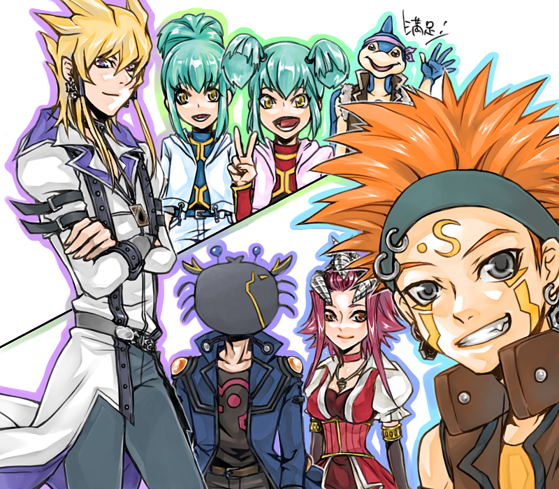 2girls 3boys bad_id bad_pixiv_id belt blonde_hair brown_eyes card choker corset crab crossed_arms crow_hogan earrings fudo_yusei green_hair grey_eyes grin headband izayoi_aki jack_atlas jewelry kurosawa_tomo long_hair lua_(yu-gi-oh!) luca_(yu-gi-oh!) multiple_boys multiple_girls necklace neo-spacian_aqua_dolphin orange_hair personification ponytail purple_eyes red_hair smile tattoo v waving yellow_eyes yoru_(77957792) yu-gi-oh! yu-gi-oh!_5d&#039;s