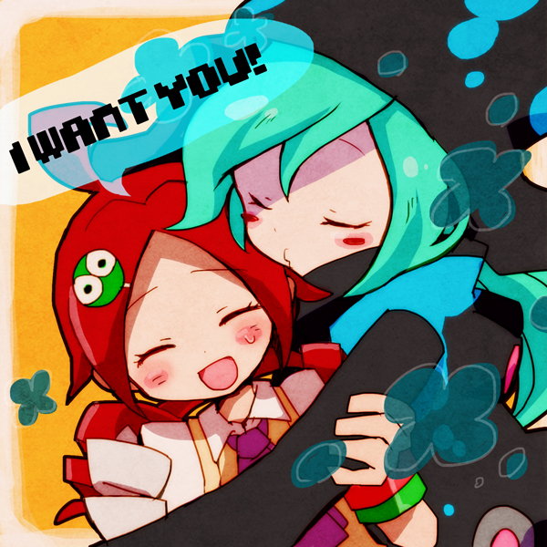 1boy 1girl 73_(naa) :d ^_^ andou_ringo aqua_hair black_hat black_jacket blush closed_eyes dot_nose ecolo_(puyopuyo) english_text facing_another facing_viewer flower_symbol hand_on_another&#039;s_arm hat heads_together hetero hug jacket leaning_on_person long_sleeves middle_part necktie open_mouth orange_background pout puyopuyo puyopuyo_20th_anniversary red_hair rounded_corners short_sleeves smile speech_bubble sweatdrop u_u unusual_ecolo upper_body wing_collar