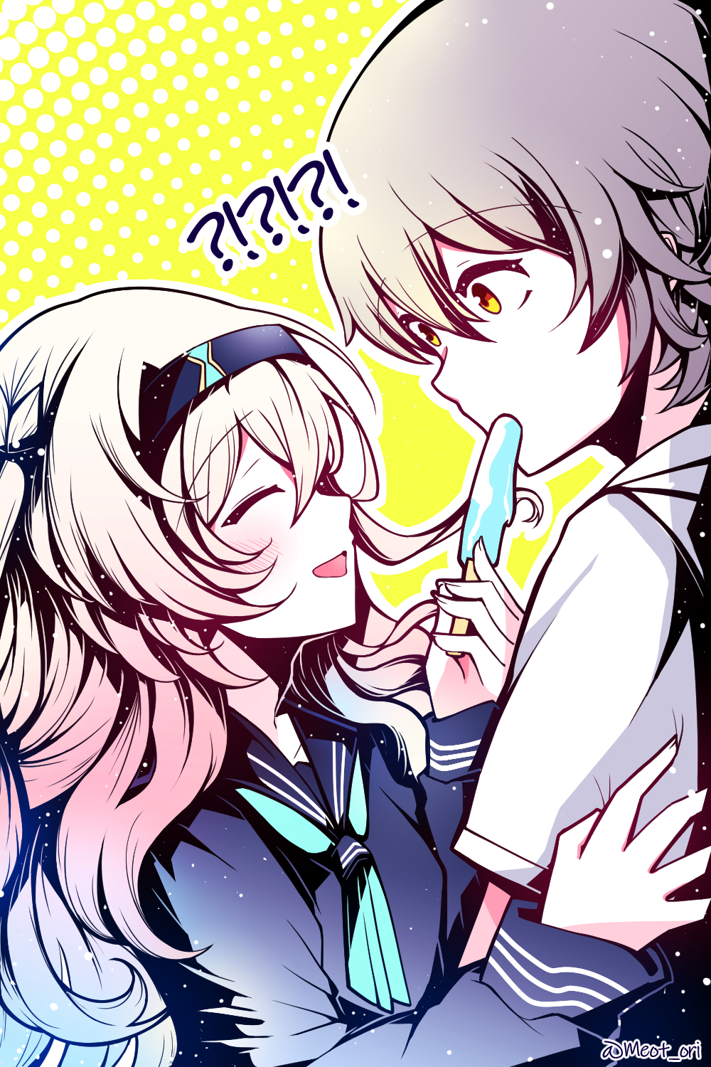 !? 1boy 1girl blue_hairband blue_sailor_collar blue_shirt blush caelus_(honkai:_star_rail) closed_eyes electronduck firefly_(honkai:_star_rail) food food_in_mouth gradient_hair green_neckerchief hair_between_eyes hair_intakes hair_tie hairband highres holding holding_food holding_popsicle honkai:_star_rail honkai_(series) long_hair long_sleeves melting_popsicle multicolored_hair neckerchief open_mouth popsicle popsicle_in_mouth sailor_collar shirt short_hair smile t-shirt trailblazer_(honkai:_star_rail) white_shirt yellow_eyes
