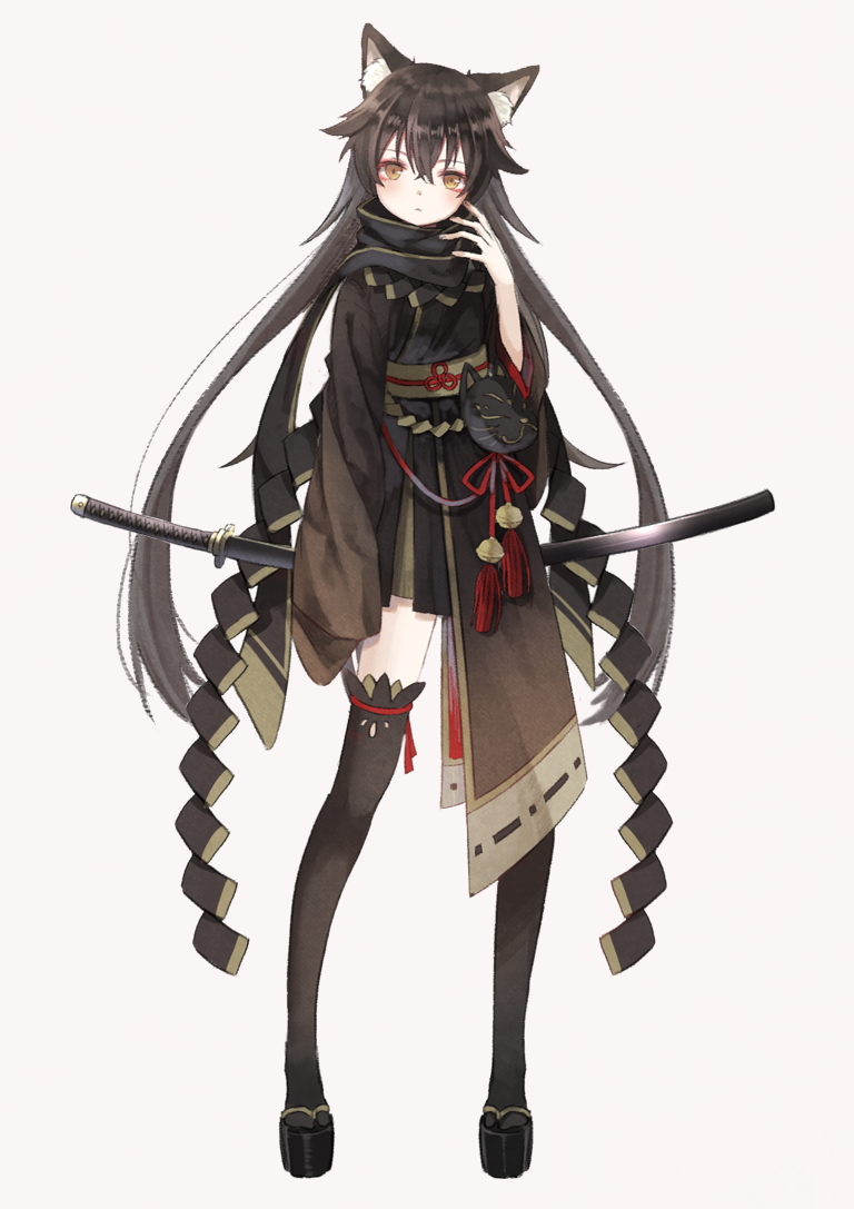 1girl animal_ears black_hair fox_ears fox_mask japanese_clothes katana mask obi original oro_ponzu sash scarf sheath sheathed sword thighhighs twintails weapon yellow_eyes