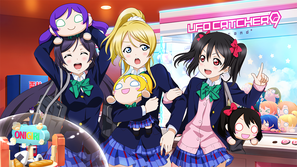 3girls :d ^_^ arcade arms_up ayase_eli bag bag_charm black_hair blazer blonde_hair blue_eyes blue_jacket blue_skirt blush bow bowtie bread cardigan character_doll charm_(object) closed_eyes cowboy_shot crane_game diagonal-striped_bow diagonal-striped_bowtie diagonal-striped_clothes doll doll_on_head dress_shirt eye_contact food green_bow green_bowtie hair_bow hair_ornament hand_up happy holding holding_another&#039;s_arm holding_bag holding_doll hoshizora_rin index_finger_raised indoors jacket koizumi_hanayo kosaka_honoka long_hair long_sleeves looking_at_another looking_to_the_side love_live! love_live!_school_idol_project low_twintails miniskirt multiple_girls nesoberi official_art onigiri open_clothes open_jacket open_mouth otonokizaka_school_uniform petticoat pink_cardigan pink_nails pink_scrunchie plaid_clothes plaid_skirt pleated_skirt pointing pointing_up ponytail puchiguru_love_live! purple_hair red_eyes school_bag school_uniform scrunchie shirt sideways_glance skirt smile sonoda_umi striped_clothes teeth tojo_nozomi twintails upper_teeth_only v-shaped_eyebrows white_scrunchie white_shirt winter_uniform yazawa_nico