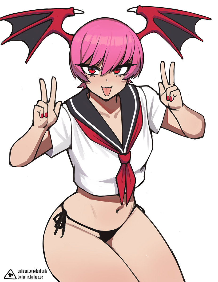 1girl alternate_costume artist_logo artist_name bat_wings bikini bikini_bottom_only black_bikini black_sailor_collar breasts capcom closed_mouth cowboy_shot darkstalkers donburi_(donburikazoku) dot_nose double_v eyebrows eyelashes female_focus fingernails from_above hands_up head_wings highres legs_together lilith_(darkstalkers) logo looking_at_viewer looking_up nail_polish navel neckerchief pink_hair red_eyes red_hair red_nails red_neckerchief sailor_collar shirt short_hair short_sleeves side-tie_bikini_bottom sitting small_breasts smug solo swimsuit tongue tongue_out v white_shirt wide_hips wings