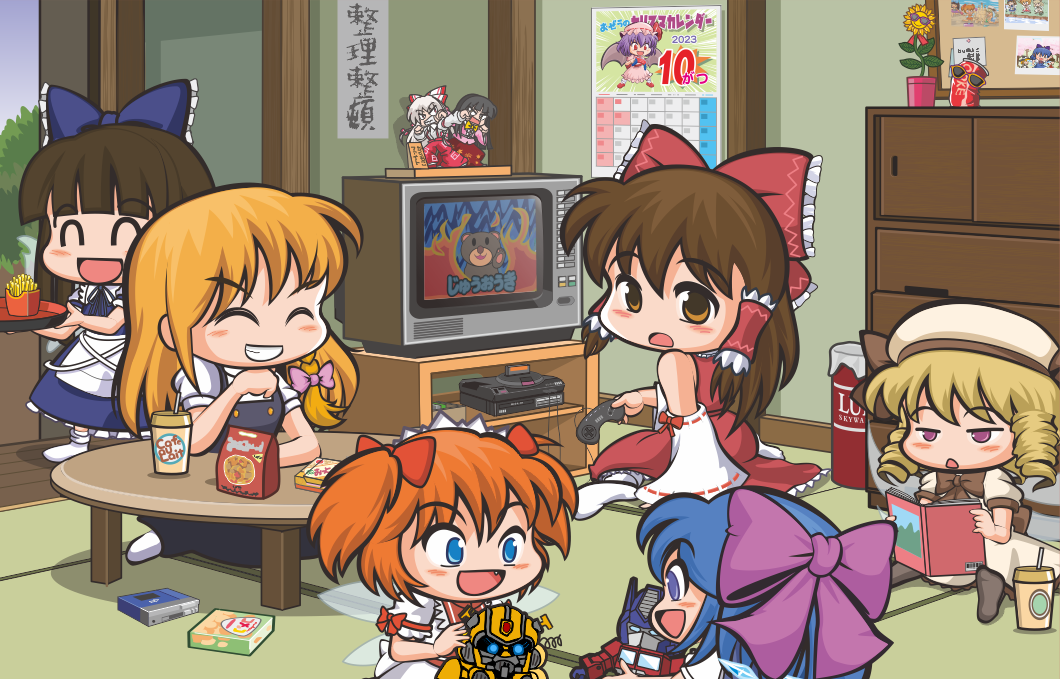 6+girls :d ^_^ blonde_hair blue_bow blue_eyes blue_hair blunt_bangs bow bowtie brown_bow brown_bowtie brown_eyes brown_hair bumblebee_(transformers) calendar_(object) can character_doll chestnut_mouth chibi cirno closed_eyes closed_mouth controller crt detached_sleeves dress drill_hair drink_can flower food french_fries fujiwara_no_mokou full_body game_console game_controller glasses grey-framed_eyewear grin hair_between_eyes hair_bow hakurei_reimu hat hime_cut holding holding_controller holding_game_controller houraisan_kaguya ice ice_wings indoors jun_sasaura kirisame_marisa long_hair looking_at_another luna_child medium_hair multiple_girls no_headwear open_mouth optimus_prime orange_hair pink_bow pink_eyes playing purple_bow quad_drills reading red_bow remilia_scarlet rubik&#039;s_cube sega_mega_drive short_hair sitting smile soda_can star_sapphire sunflower sunglasses sunny_milk tatami touhou transformers tray two_side_up white_dress white_hat white_sleeves wings