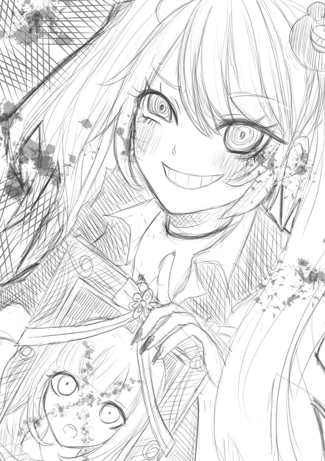 1girl bear_hair_ornament blush choker danganronpa:_trigger_happy_havoc danganronpa_(series) enoshima_junko fingernails grin hair_ornament highres iei long_hair nail_polish nanami_chiaki sharp_fingernails shirt shiruboru smile solo teeth twintails