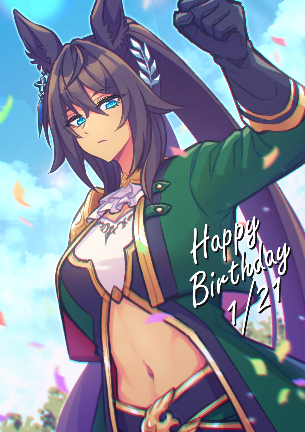 1girl akamirai animal_ears black_gloves breasts brown_hair cleavage dark-skinned_female dark_skin gloves green_jacket hair_between_eyes highres horse_ears horse_girl jacket long_hair long_sleeves looking_at_viewer solo split_ponytail symboli_kris_s_(umamusume) umamusume upper_body very_long_hair