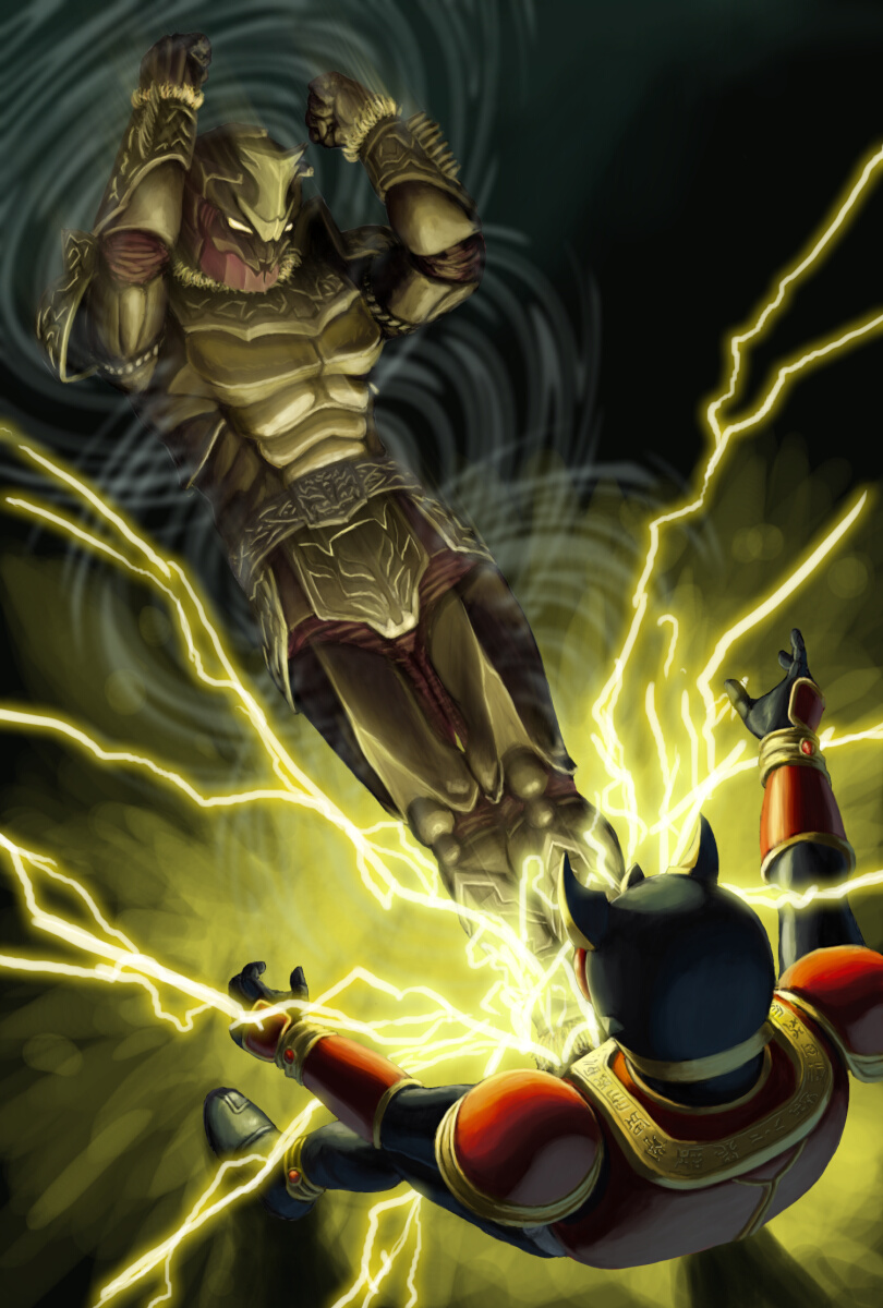 2boys arthropod_boy battle beetle_boy electricity go-gadoru-ba highres kamen_rider kamen_rider_kuuga kamen_rider_kuuga_(series) kicking multiple_boys spraywork