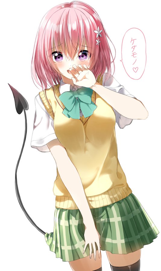 1girl black_thighhighs bow bowtie breasts collared_shirt demon_tail flower green_bow green_bowtie green_skirt hair_flower hair_ornament heart heart_in_eye looking_at_viewer medium_breasts medium_hair momo_velia_deviluke pink_hair plaid_clothes plaid_skirt pleated_skirt purple_eyes sainan_high_school_uniform school_uniform shirt short_sleeves skirt sweater_vest symbol_in_eye tail thighhighs to_love-ru vest white_shirt yellow_sweater_vest yellow_vest zettai_ryouiki