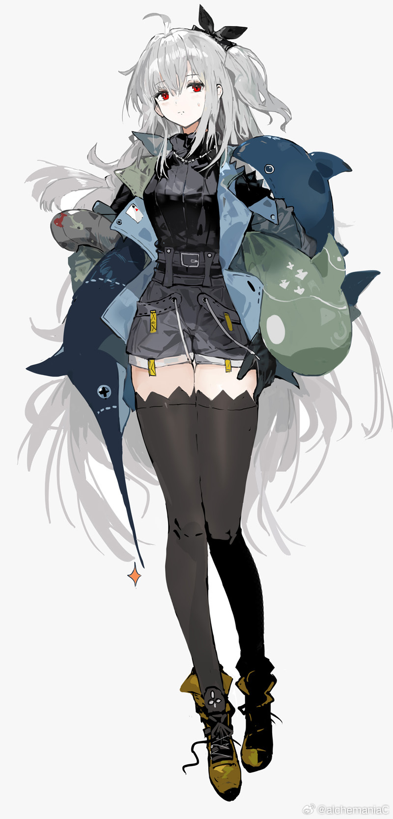 1girl ahoge alchemaniac alternate_costume arknights black_shirt black_shorts black_thighhighs blue_jacket breasts feet_out_of_frame grey_hair highres jacket jewelry long_hair looking_at_viewer medium_breasts necklace one_side_up open_clothes open_jacket red_eyes ribbed_shirt shirt shorts sidelocks skadi_(arknights) skadi_(the_next_afternoon_tea)_(arknights) solo stuffed_animal stuffed_shark stuffed_toy sweatdrop thighhighs very_long_hair