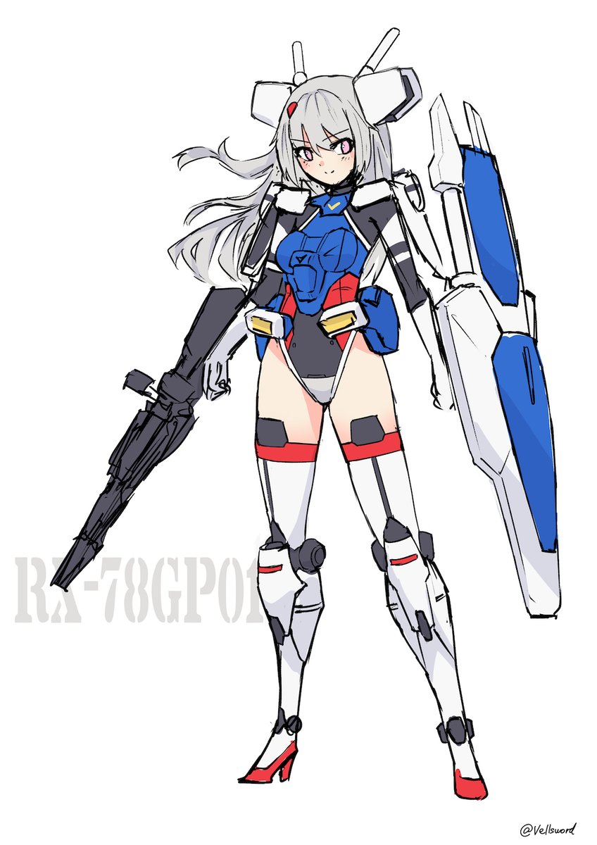 1girl artist_name boots breasts character_name clenched_hand floating_hair full_body gloves grey_hair gun gundam gundam_0083 gundam_gp-01_zephyranthes high_heel_boots high_heels highres holding holding_gun holding_shield holding_weapon i.takashi leotard looking_to_the_side mecha_musume personification pink_eyes shield sketch small_breasts smirk solo standing thigh_boots thighhighs v-shaped_eyebrows weapon white_background white_gloves